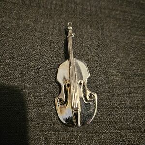 Vintage Up Right Bass Violin Pin Brooch 3" Silver Tone